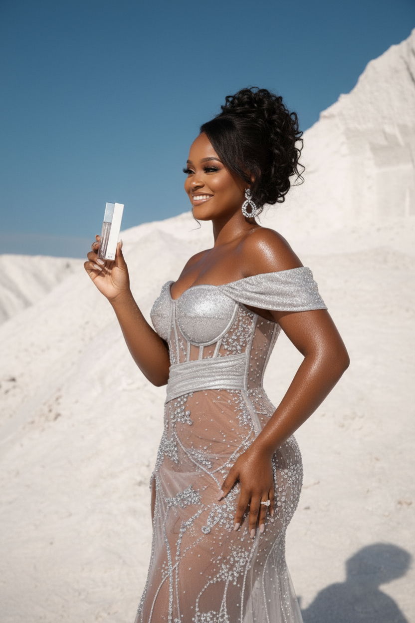 Muse in silver gown holding the S.H.E Everyday Signature Gloss