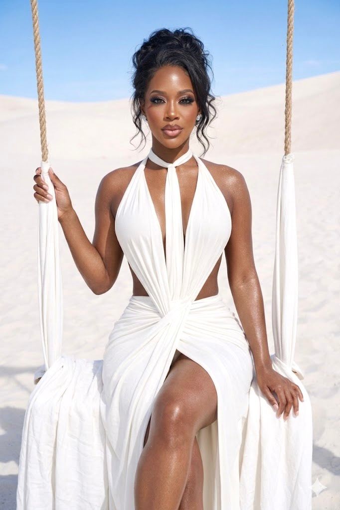 Muse on a swing in a soft white gown, sand dunes behind